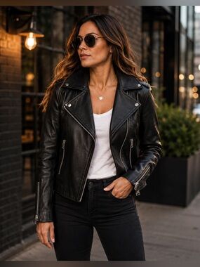 Decrum Genuine Leather Moto Jacket Black Silver Hardware NWT Small